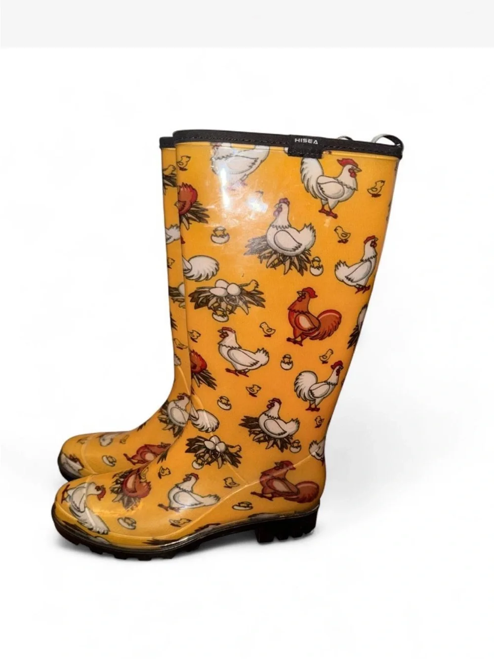 Yellow Printed Knee-High Rain Boots with Playful Chicken and Egg Graphics